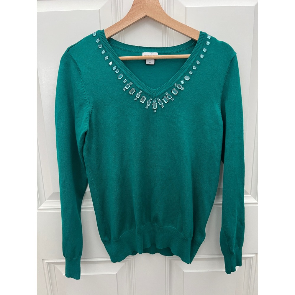 Jaclyn Smith Womens Emerald Green Beaded V-Neck Sweater Size S Long Sleeve Knit